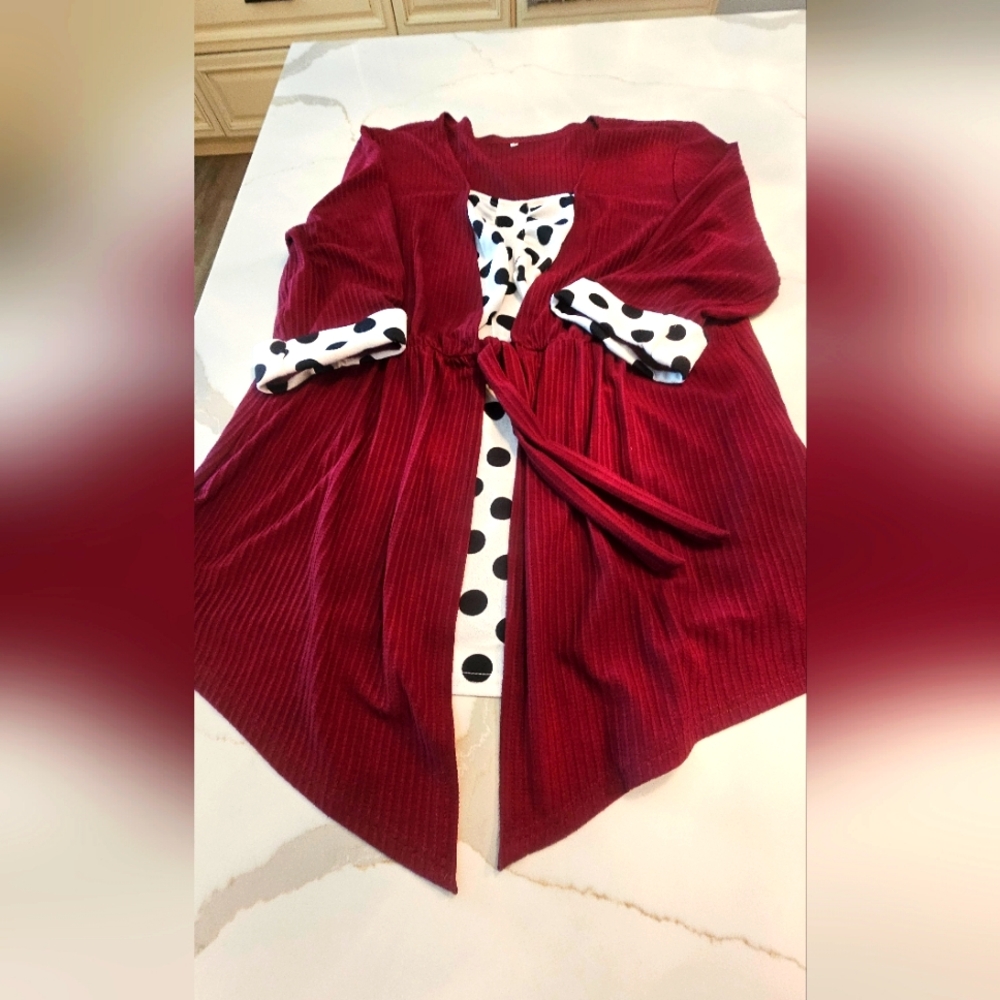 Burgundy Dress with Polka Dot Accents